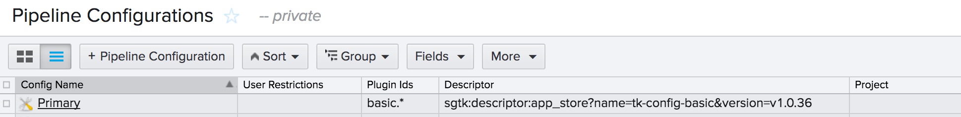 Pipeline Configuration entity with a setup for a project with turned off updates.