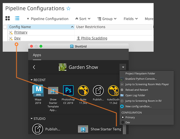 Dev configuration selectable in ShotGrid Desktop