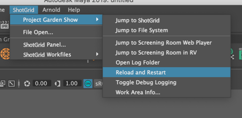 ShotGrid menu Reload and Restart option