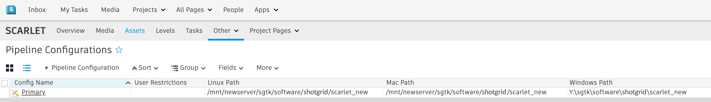 Pipeline Configuration locations in ShotGrid.