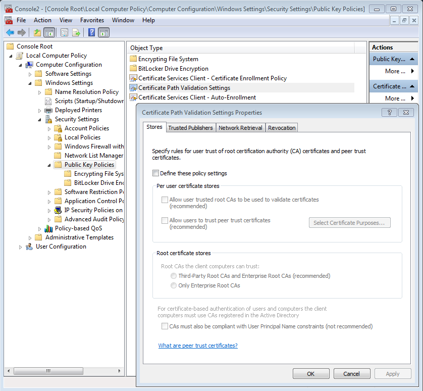 Certificate path validation settings