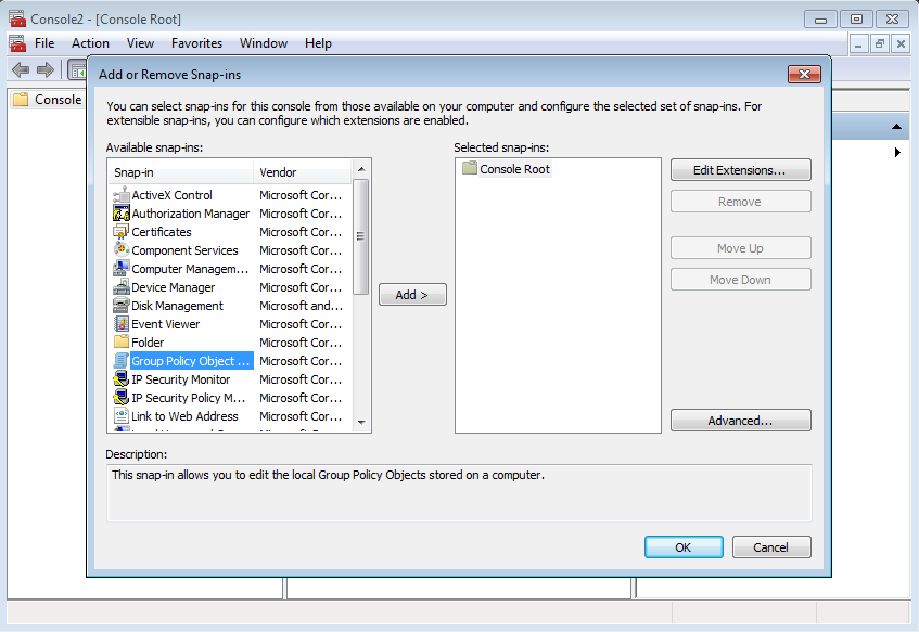 Microsoft Managment Console Add Remove Snap-ins