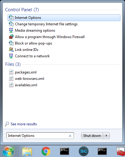 Search Windows for internet options